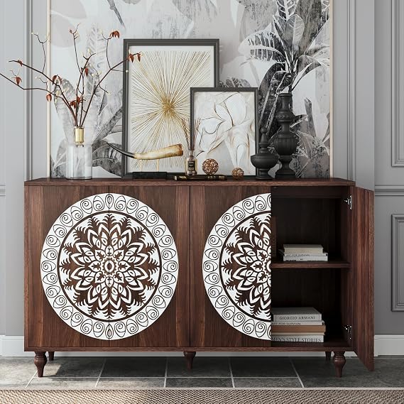 60" Vintage Mandala Carved Sideboard with Storage & Tapered Legs, Walnut