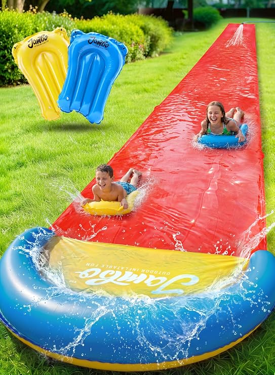JAMBO 40Ft 3XL Updated Mega Slip Splash and Slide and 2 Bodyboards, Heavy Duty with Inflatable Crash Pad, Slide Splash Mat Outdoor Splash Mat n Backyard Water Toys