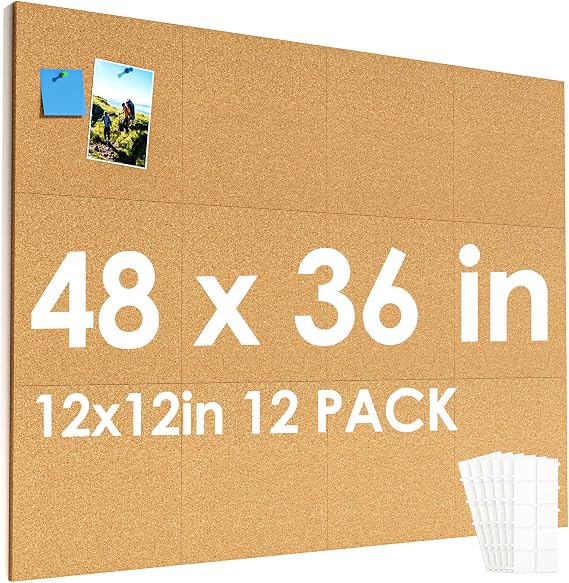 MaxGear 48" x 36" Large Cork Board for Wall, 12 Pack 12" x 12" Tiles | Self-Healing Natural Cork; Includes 40 Pushpins & Removable Adhesive Tabs; Flexible Board for Office, School & Home