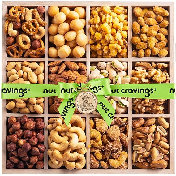 NUT CRAVINGS - Mixed Nuts Gift Basket in Reusable Wooden Tray + Green Ribbon (12 Assortments) Treats for Adults, Healthy Snack Care Package, Kosher