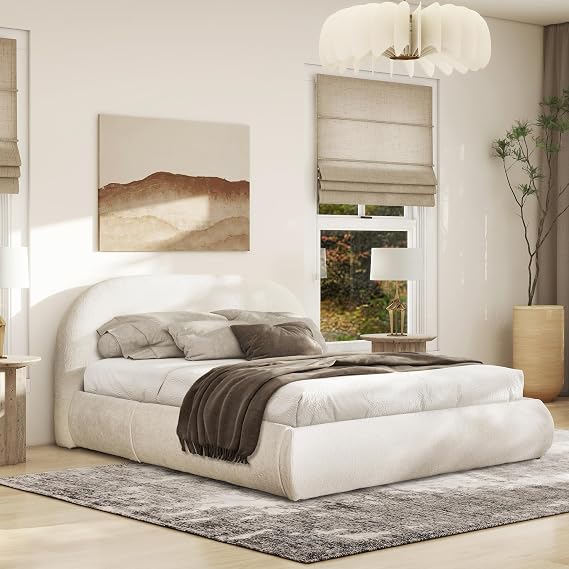 Grounded Bed Frame - Chenille White Bed Frames with Arch-Shaped Headboard and Wooden Slat Support, Upholstered Platform Bed for Bedroom, No Box Spring Required (Queen)