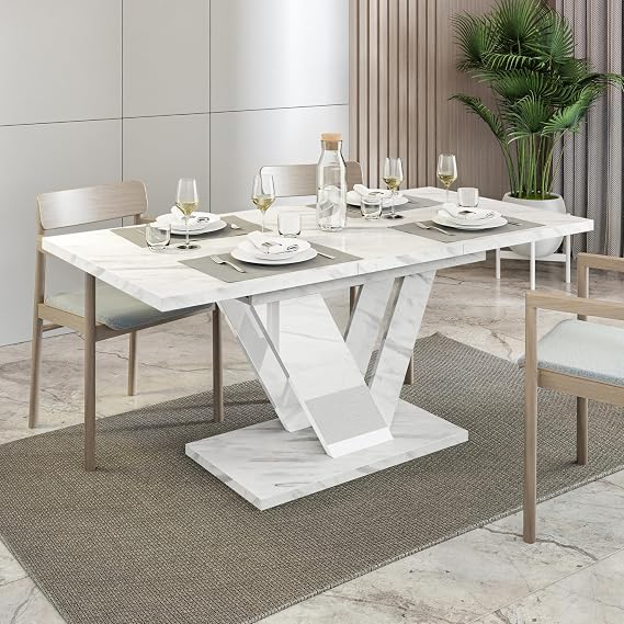 White Extendable Dining Table, 4-6 Seater, 120-160cm, Marble Effect, DUBAI