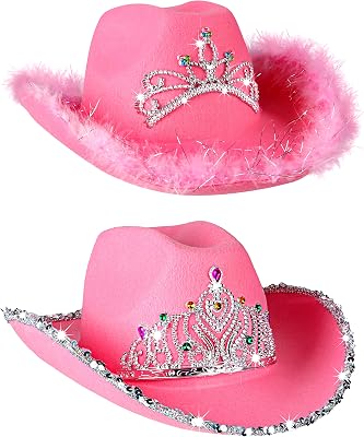PROLOSO 2 Pack Pink Cowboy Hat with Crown Blinking Felt Cowgirl Hat Princess Hats 2 Styles