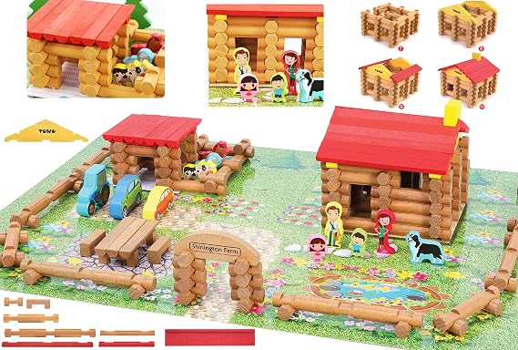 TOWO Wooden Log Building Set, 207-Piece Farm House Construction Toy