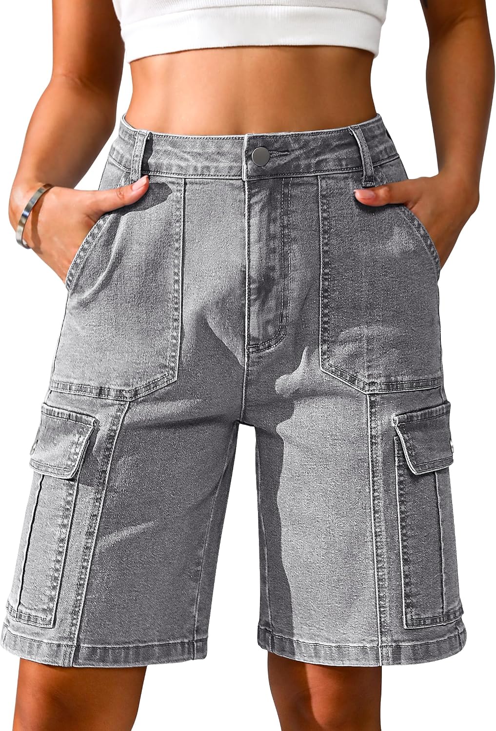 Eddoyee Bermuda Cargo Shorts for Women Casual Long Knee Length High Waisted Stretch Wide Leg Relaxed Fit