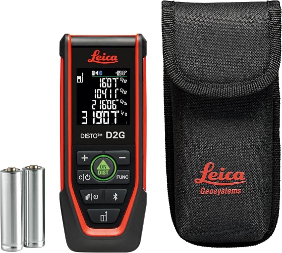 Leica Disto D2G - Range 390ft Green Beam, Bluetooth, NFC Data Transfer, Smart Horizontal, Add/Subtract, Volume, 30 Measurement Memory, 4-line Display, Intelligent end-piece, Hand Loop, Pouch.