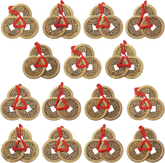 Boao Chinese Fortune Coins Feng Shui I Ching Good Luck Coins Traditional Brass New Year Favor with Red String for Wealth and Success, 5 Styles (15 Pieces)