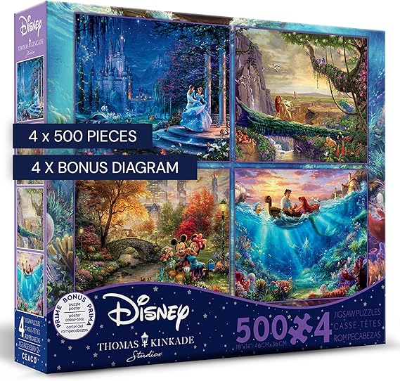 Ceaco - 4 in 1 Multipack - Thomas Kinkade - Disney Dreams Collection - Cinderella, The Lion King, Mickey and Minnie, The Little Mermaid - (4) 500 Piece Jigsaw Puzzles , Blue