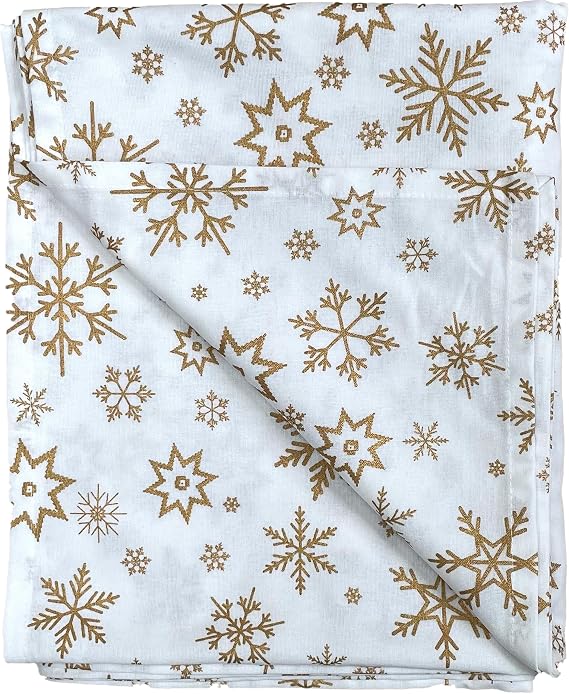 Ragged Rose Christmas Table Cloth - Festive Linen Tablecloth with Nordic Style Prints for Living Room & Kitchen - Cotton Tablecloth That Fits a 6-7 Ft Table - Gold Snowflakes Print