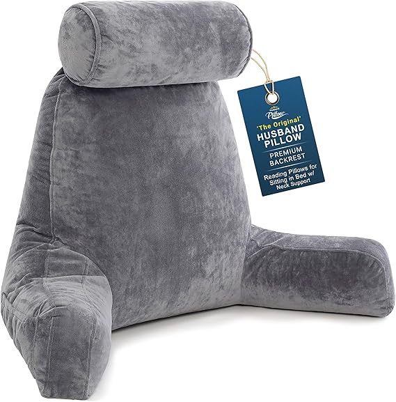 Husband Pillow XXL The Original for Adults - 30" Tall Backrest for Sitting Up in Bed - Firm Support Reading & Bed Rest Pillows for Adults, Neck Roll, Removable Cover - TV - Dark Grey