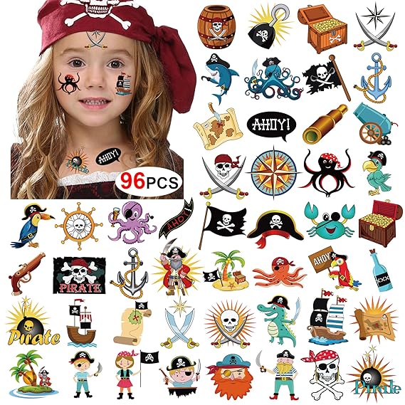Pirate Tattoos(96Pcs), Konsait Pirate Temporary Tattoo Fake Neverland Pirated Cannon Powder Jake Captain Tattoo Body Sticker for Pirate Birthday Party Favors Supplies Kids Boys Girls Party Bag Filler
