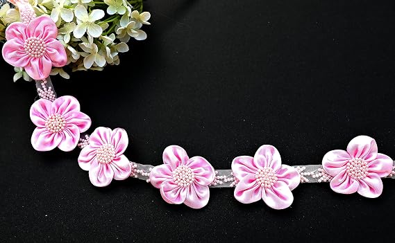 MILLTEX 2" Pink White Cuttable Satin Pearl Beaded Flower Trim Sheer Organza Ribbon DIY Sewing Notion (Pink)