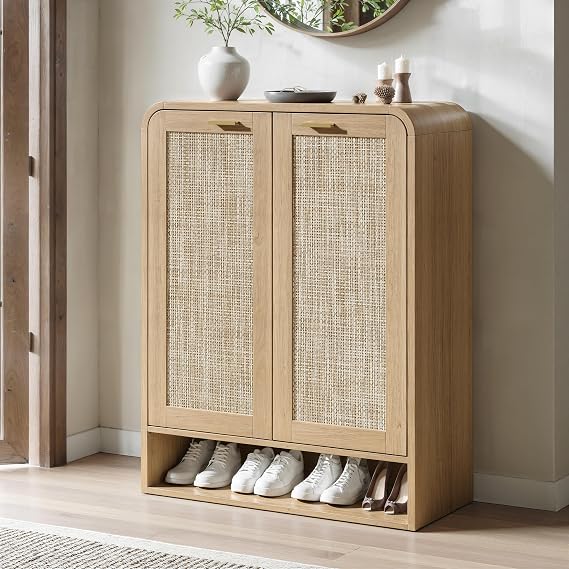 Evermagin 41 Inch Rattan Shoe Storage Cabinet Holds 24 Pairs, Natural Oak