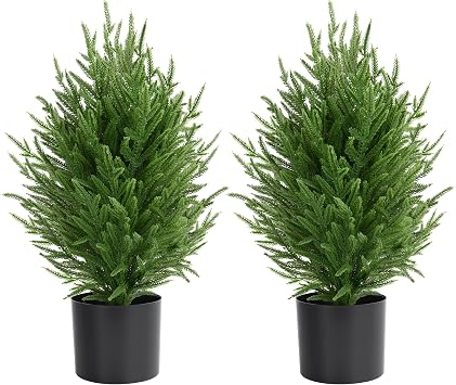 Palonu 2 Pcs 2Ft Christmas Norfolk Pine Potted Trees, 24" Realistic Artificial Norfolk Tree with Pot Faux Greenery UV Resistant Fake Plants for Tabletop Front Porch Indoor Outdoor Home Decor