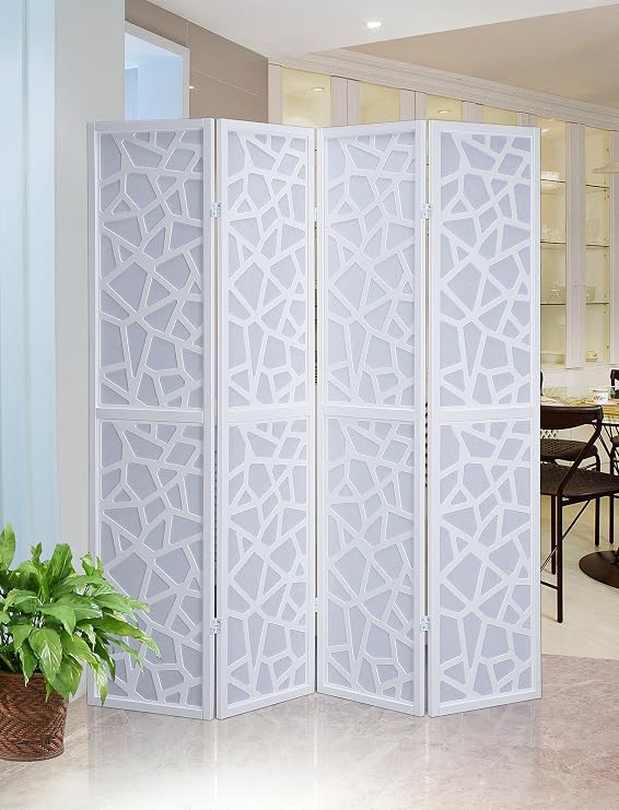 Roundhill Furniture Giyano 4 Panel Screen Room Divider, White Screen with White Frame
