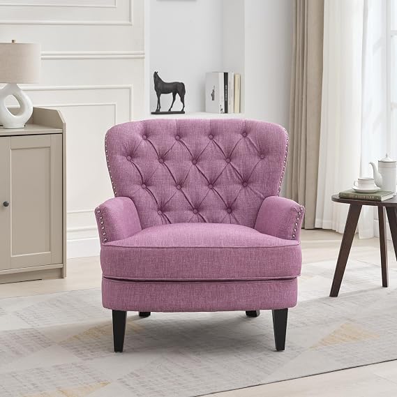 Mid Century Modern Accent Chair with Nailhead Trim and Button Tufted Wing Back Comfy Reading Chair for Living Room Bedroom, Pink Single Lounge Sofa Chair with Tapered Birch Wood Legs
