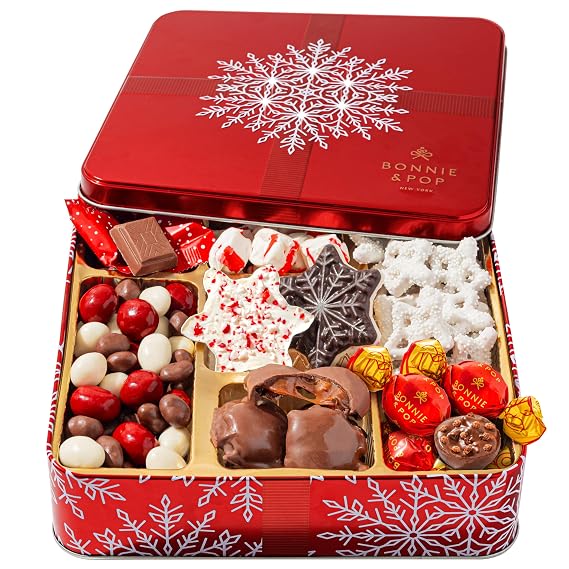 Bonnie and Pop's Holiday Tin- with Assorted Christmas Chocolate, Nuts, Bark, Truffles Festive, Corporate, Family, Gift Basket Idea for Men and Women