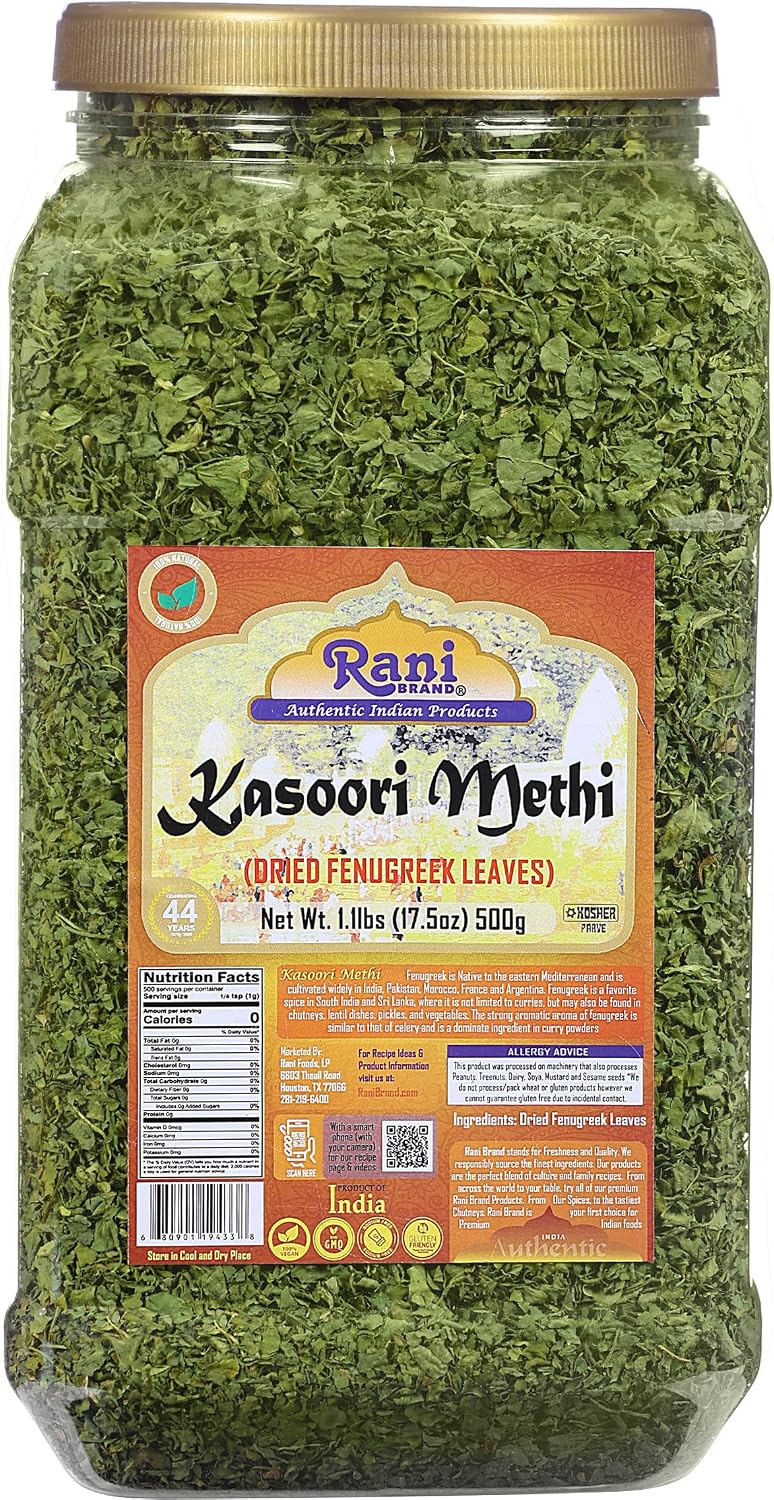 Rani Fenugreek Leaves Dried Kasoori Methi 17.5oz 1.1lbs 500g Bulk PET Jar ~ All Natural | Vegan | Gluten Friendly | Non-GMO | Indian Origin