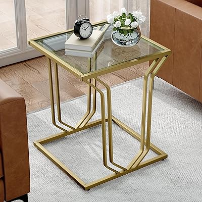 ASYA Gold Side Table, Modern End Table with Square Base, Luxury Nightstand with Tempered Glass for Living Room, Bedroom