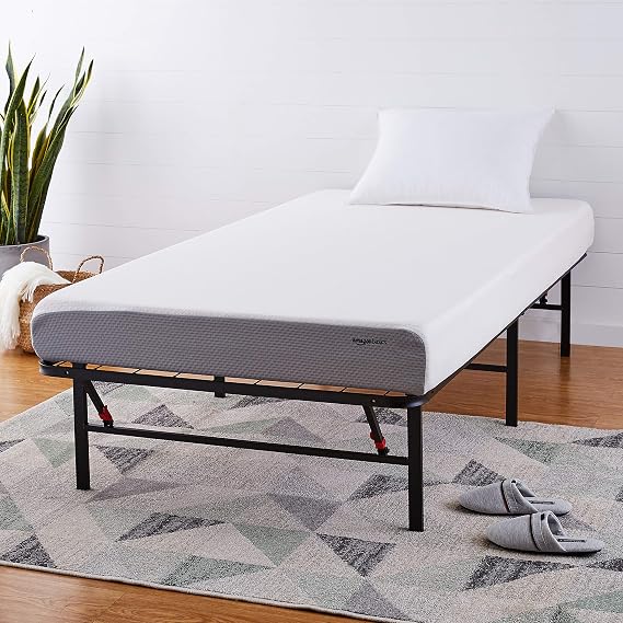 Amazon Basics Bed Frame Single Easy Assembly Metal 6-Leg Support No Tools Required Black, 36cm Height