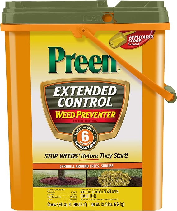 Preen Extended Control Weed Preventer 13.75 lb. Drum, Covers 2,245 sq. ft. | Pre-Emergent Herbicide for Garden Weed Control - Prevents Weeds up to 6 Months For Perennials, Shrubs and Trees
