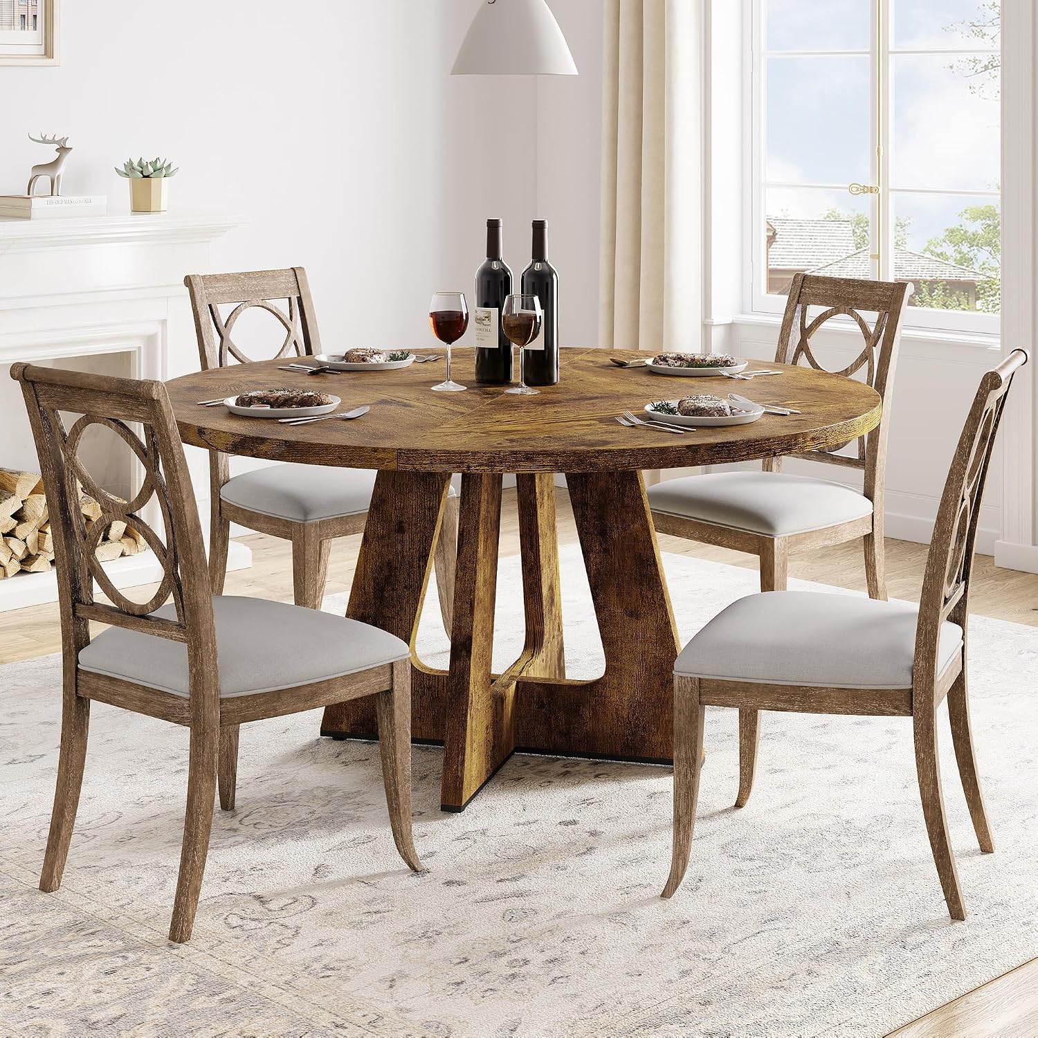 Round Dining Table for 4-6 People 120 cm Dining Room Table with Wooden Base Space-Saving Kitchen Table for Dining Room Kitchen Living Room 120 x 120 x 75 cm