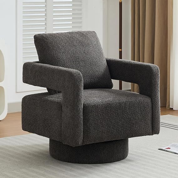 Setawix Boucle Swivel Barrel Chairs,Comfy Fuzzy Swivel Armchair,Modern 360Rotation Accent Arm Chair with Open Arms,Sherpa Single Sofa Club Chair for Living Room,Bedroom,Office (Charcoal, 1PC)