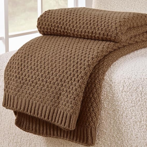 Light Brown Throw Blanket, Moss Knit, 50" x 60", Camel Brown