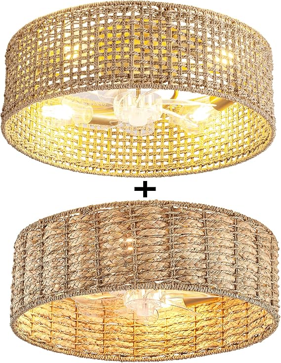 2 Pack Handwoven Rattan Caged Boho Ceiling Fans with Lights Remote Control
