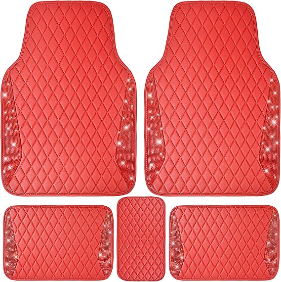 CAR PASS Bling Leather Car Mats Shining Diamond Floor Mats Crystal Rhinestones Sparkly Glitter Carpet Anti-Slip Waterproof Pad Universal Fit for Automotive SUV, Sedan, Van, 5pcs for Girl Women Red