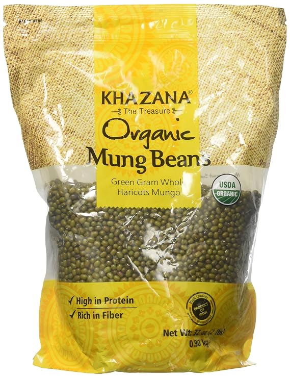 Khazana Organic Mung Beans (2lb) - Green Gram Whole Haricots - Non GMO, Gluten Free & Kosher - Authentic Lentils from India