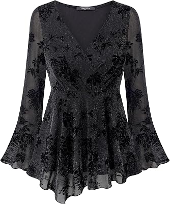 VALOLIA Women Long Sleeve Sparkly Tops V Neck Blouses Dressy Elegant Party Wrap Top