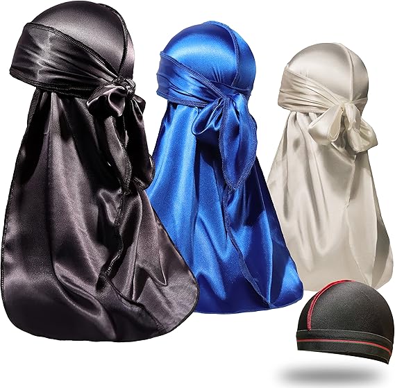 ForceWave 3 Pieces Silky Durags and 1 Wave Cap Pack for Men Waves, Moisture-Tech Fabric Satin Du-Rag