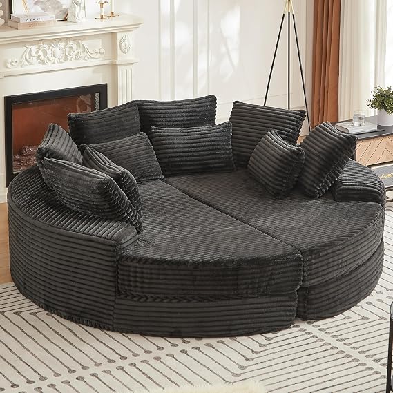 78.5" Oversized Round Chaise Lounge,Modular Convertible 2-in-1 Sofa Bed Upholstered Corduroy,Boneless Plush Couches with Pillow,No Assembly Required,Black