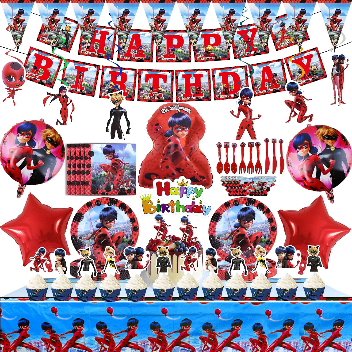 132 Pcs Ladybug Party Supplies for Kids with Banner, Pennant, Foil Balloons, Hanging Swirls, Tablecover, Plate, Spoons, Knife, Fork, Napkin, Cake&Cupcake Topper, Eye Mask Ladybug Party Decorations