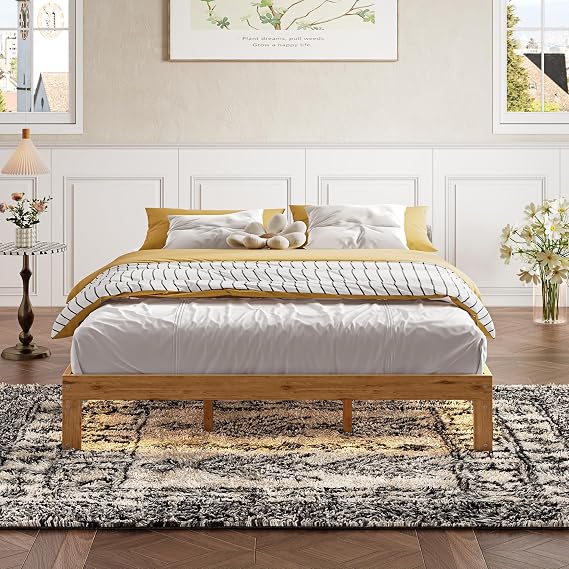 Queen Size Wood Platform Bed Frame-12 Inch Solid Wood Queen Bed Frame with Slat Support, No Box Spring Needed, Easy Assembly-Rustic Pine