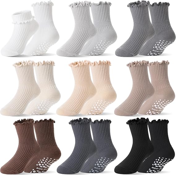 Baby Girls Toddlers Ruffle Grip Socks Uniform School Dress Anti Slip Non Skid Frilly Breathable Crew Cotton Socks 9 Pairs
