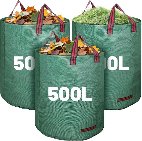 3 Pack 500L Large Garden Waste Bags with Handles, Heavy Duty Bin Bags | Reusable yard waste bags, leaf collector bin bags, garden sacks with handles for collecting plant waste grass and Leaves