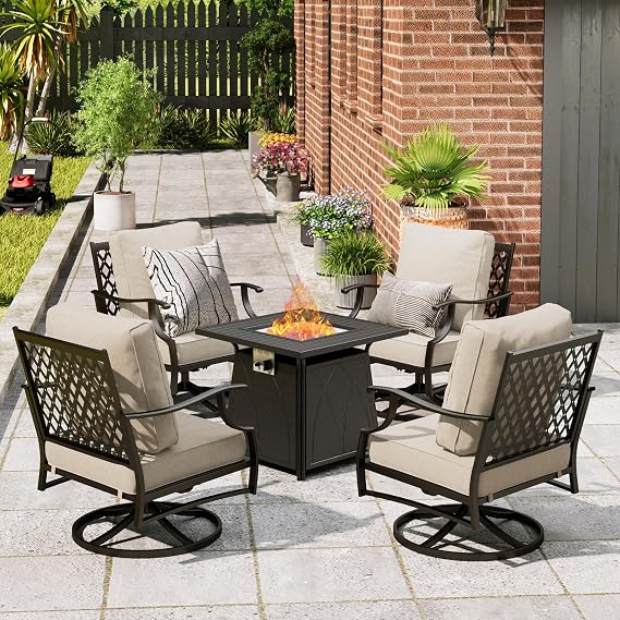 MIXPATIO Patio Furniture Set with Fire Pit Table, 5 Pcs Metal Outdoor Conversation Set, 4 Swivel Chairs with 5.75" Extra Thick Cushion and 28" Fire Pit Table for Backyard Deck, Beige