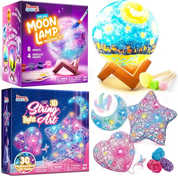 Klever Kits DIY 3D Moon Night Light and 3D String Art Kit Set, DIY Your Own Light with Multi-Colored Materials, Arts and Crafts Set, School Activities, Birthday Gifts for Girls and Boys Ages 6-12