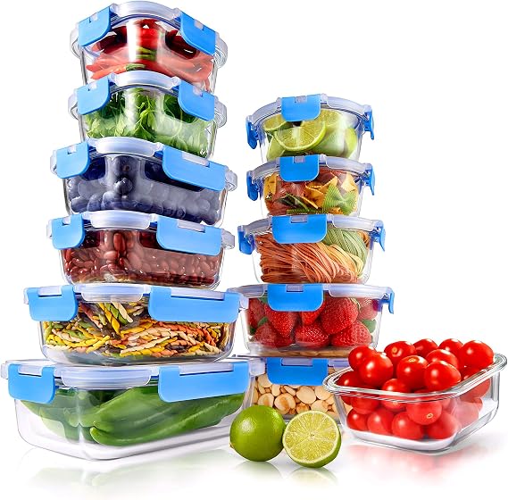 NutriChef 24pcs Glass Food Storage Containers, (12 Stackable Heavy Duty Meal Prep Containers w/ 12 Airtight Lids), Microwave, Freezer, Dishwasher Safe for Food, Snacks, Fruit & More, (Blue)