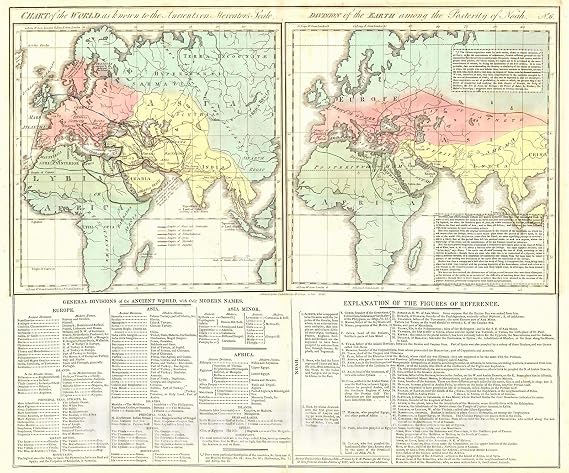 Historic Map - 1820 Chart of The World as Known to The Ancients on Mercator's Scale; Division of The Earth Among The Posterity of Noah - Vintage Wall Art - 24in x 20in