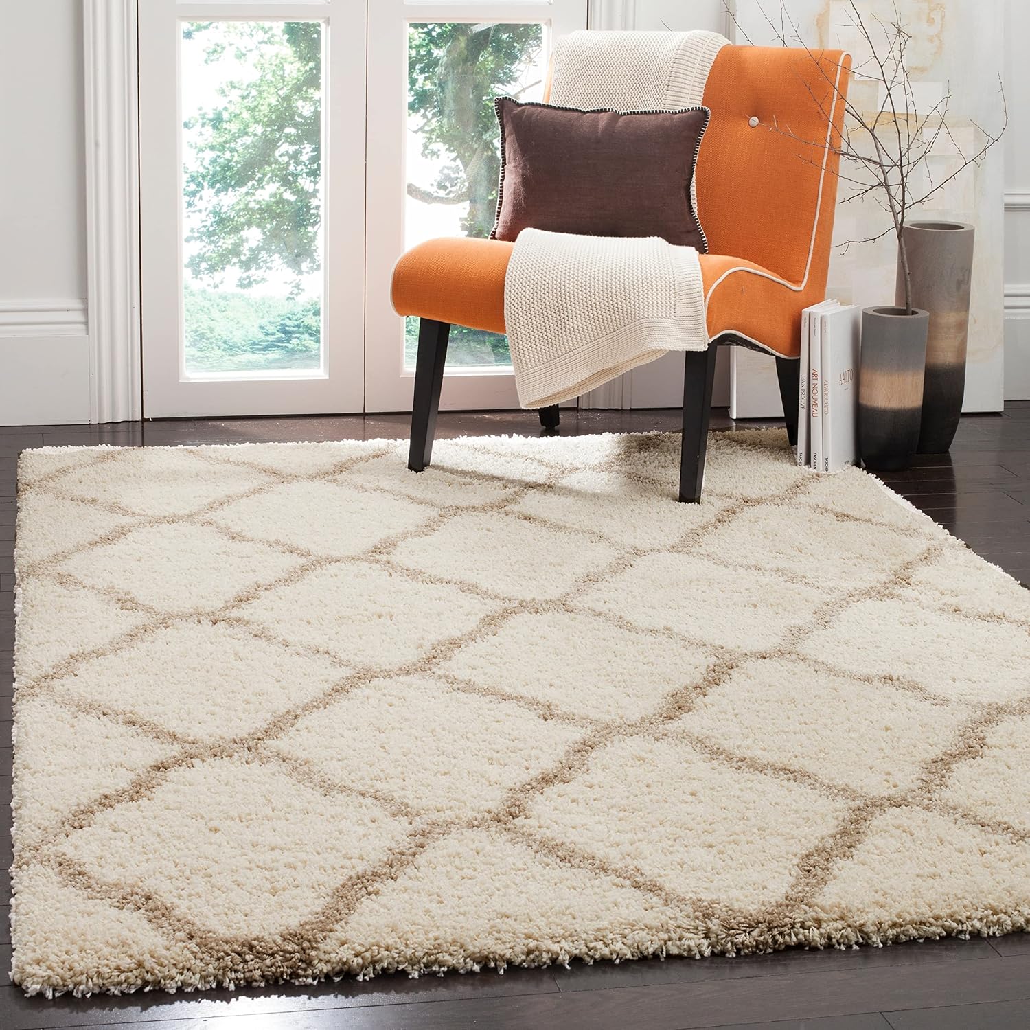 SAFAVIEH Hudson Shag Collection Area Rug - 9 x 12, Ivory & Beige, Moroccan Trellis Design, Non-Shedding & Easy Care, 2-inch Thick Ideal for High Traffic Areas in Living Room, Bedroom SGH283D