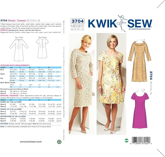 Kwik Sew K3704 Dresses Sewing Pattern, Size XS-S-M-L-XL