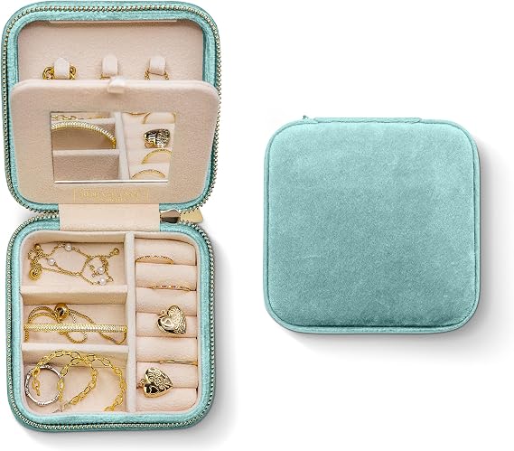 Benevolence LA Featured in Oprah's Favorite Things Plush Velvet Travel Jewelry Box Jewelry Organizer Case with Mirror Birthday Gifts for Women Cyan