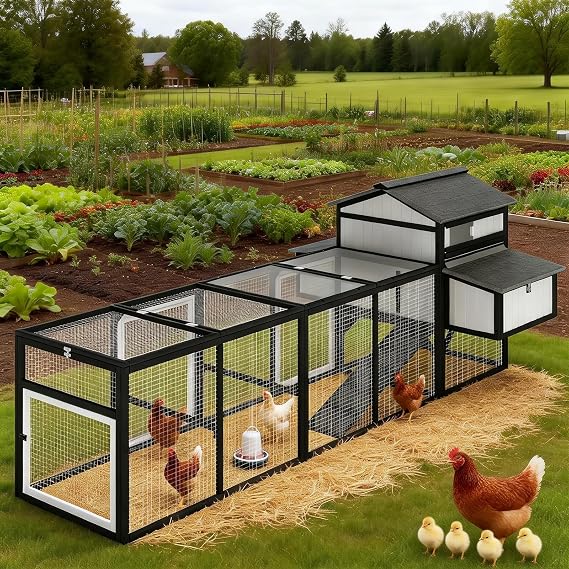 Large Chicken Coop for 4-6 Chickens, Wooden Chicken House with Weatherproof Asphalt Roofs, 2 Nesting Boxes and Resting Perches, Predator-Proof Hen House for Backyard