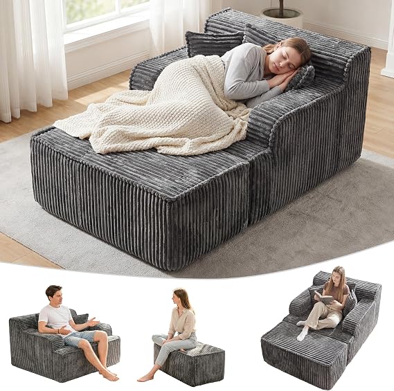 Chaise Lounge Chair Indoor,Boneless Chair with Ottoman,Comfy Reading Chair for Adults,Small Sofa Bed Couch for Living Room,Single Sleeper Chair Bed,Grey