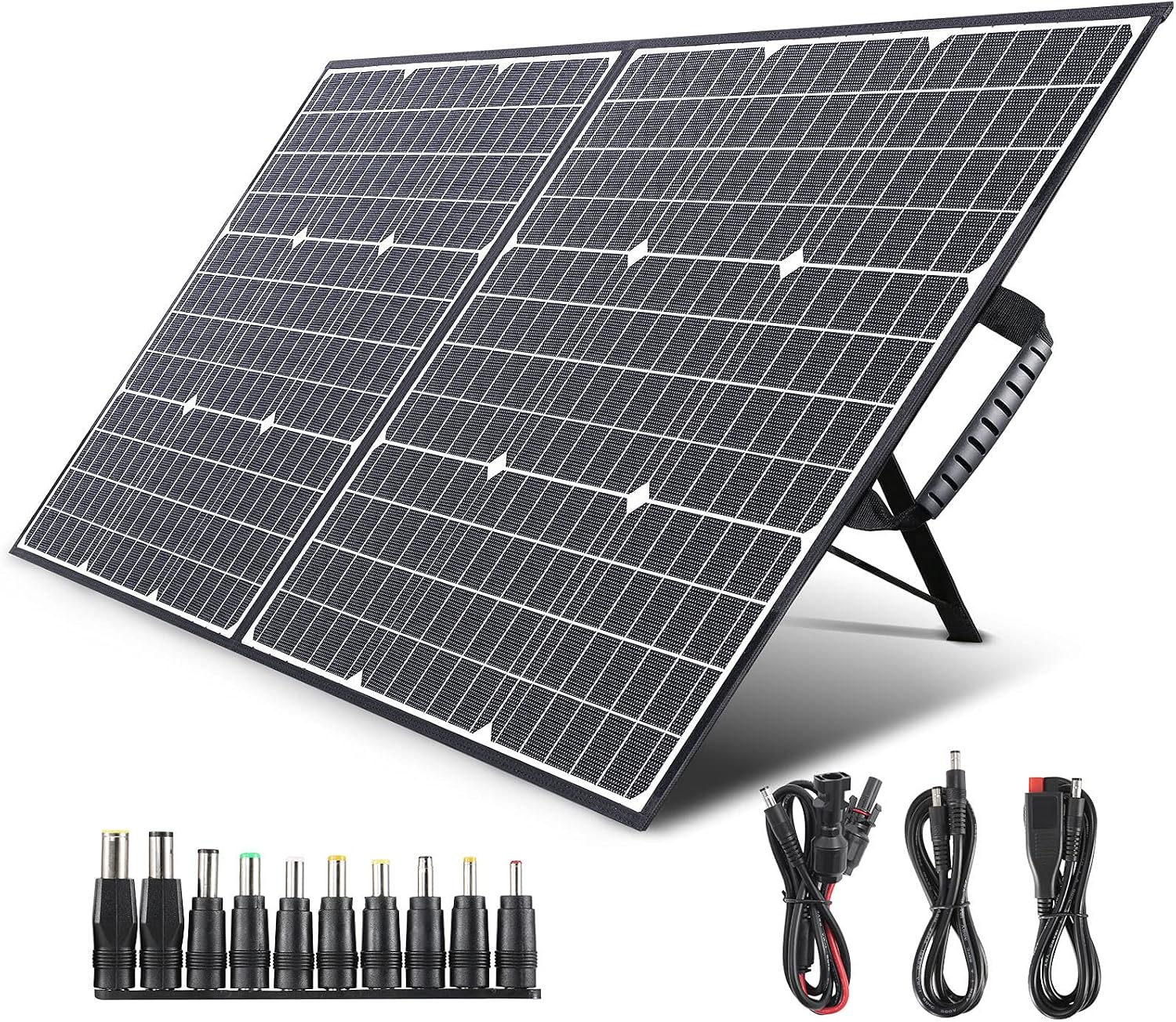 100W Foldable Solar Panel, Portable Monocrystalline Solar Charger, PD 60W USB-C Fast Charging, 10-in-1 DC Connectors for Power Station Laptop Phone Camping