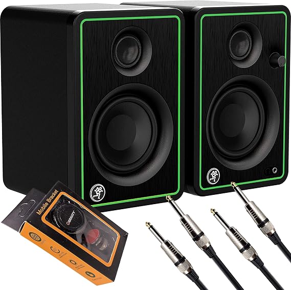 Mackie CR Series Studio Monitor (CR3-X) 3 Inches Creative Reference Multimedia Studio Monitor 50W Power with Pair of EMB Cables (QTQ) and Gravity Magnet Phone Holder Bundle