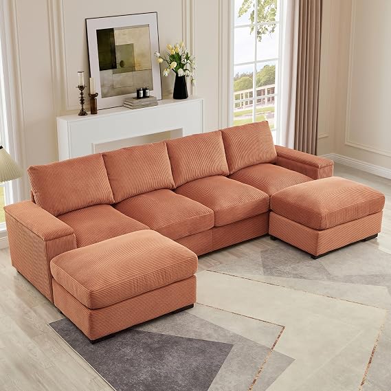 Setawix U-Shaped Cloud Couches for Living Room,122" Modular Sectional Cloud Sofas with Deep Seat Removable Ottomans,Modern Corduroy Sleeper Sofa Couch Bed with Storage Arms (Orange, 122")